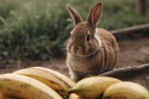rabbits stand in the fields fornt side a banana.