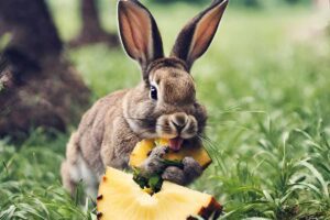 rabbits eating pineapple in the fields.